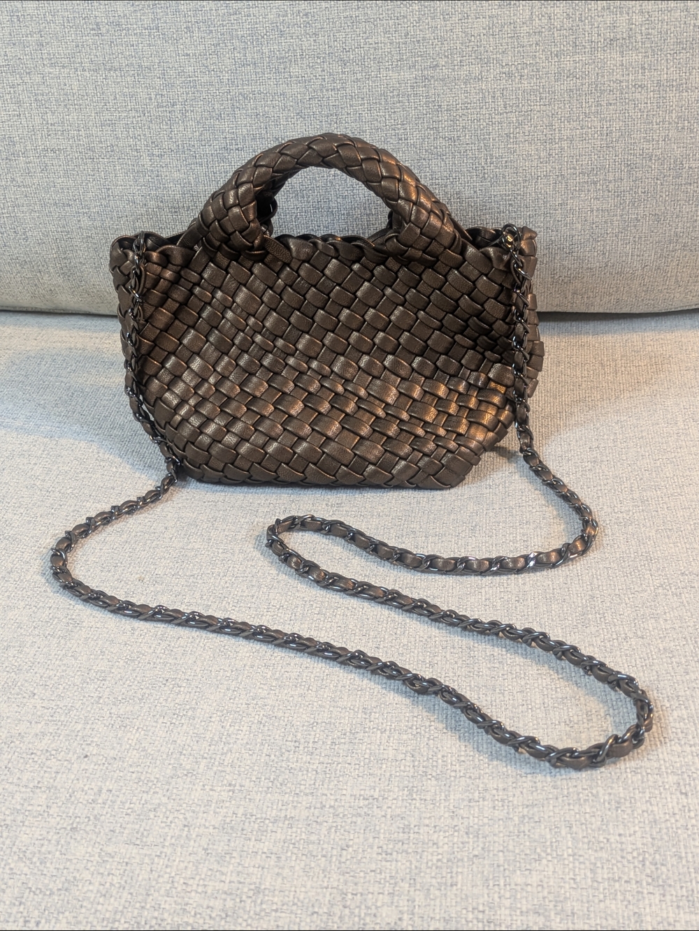Metallic Brown Woven Mini Chain Strap Braided Handle Handbag - Picture 2 of 12